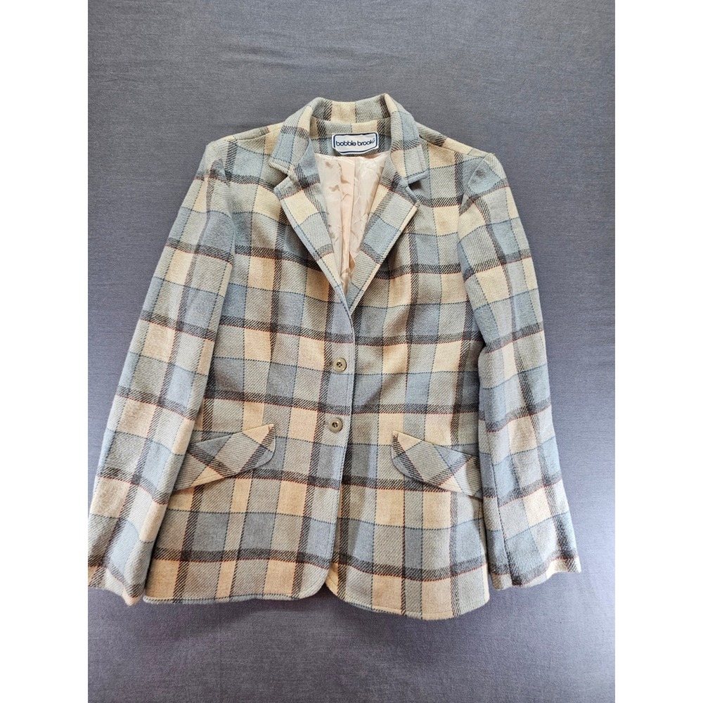 Vintage Bobbie Brooks Plaid Blazer Jacket Blue Tan Checkered Two Button 11/12